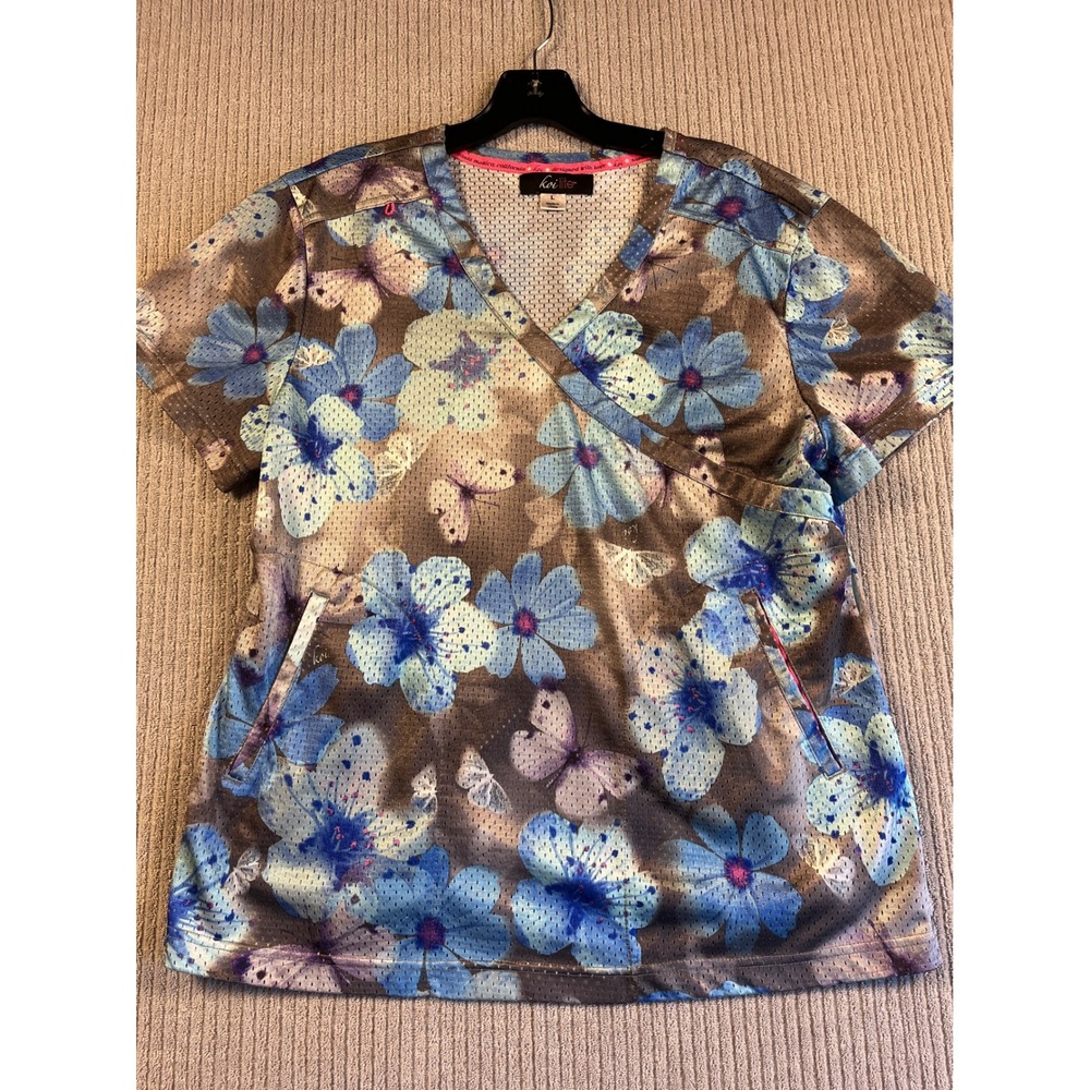 Koi Lite Scrub Top Womens L Blue Floral Butterfly Mesh Mock Wrap V-Neck